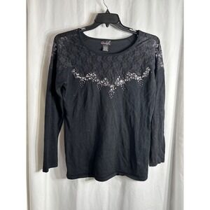 Questions by Say What Black Lace‎ Embellished Long Sleeve Top Women's Size L